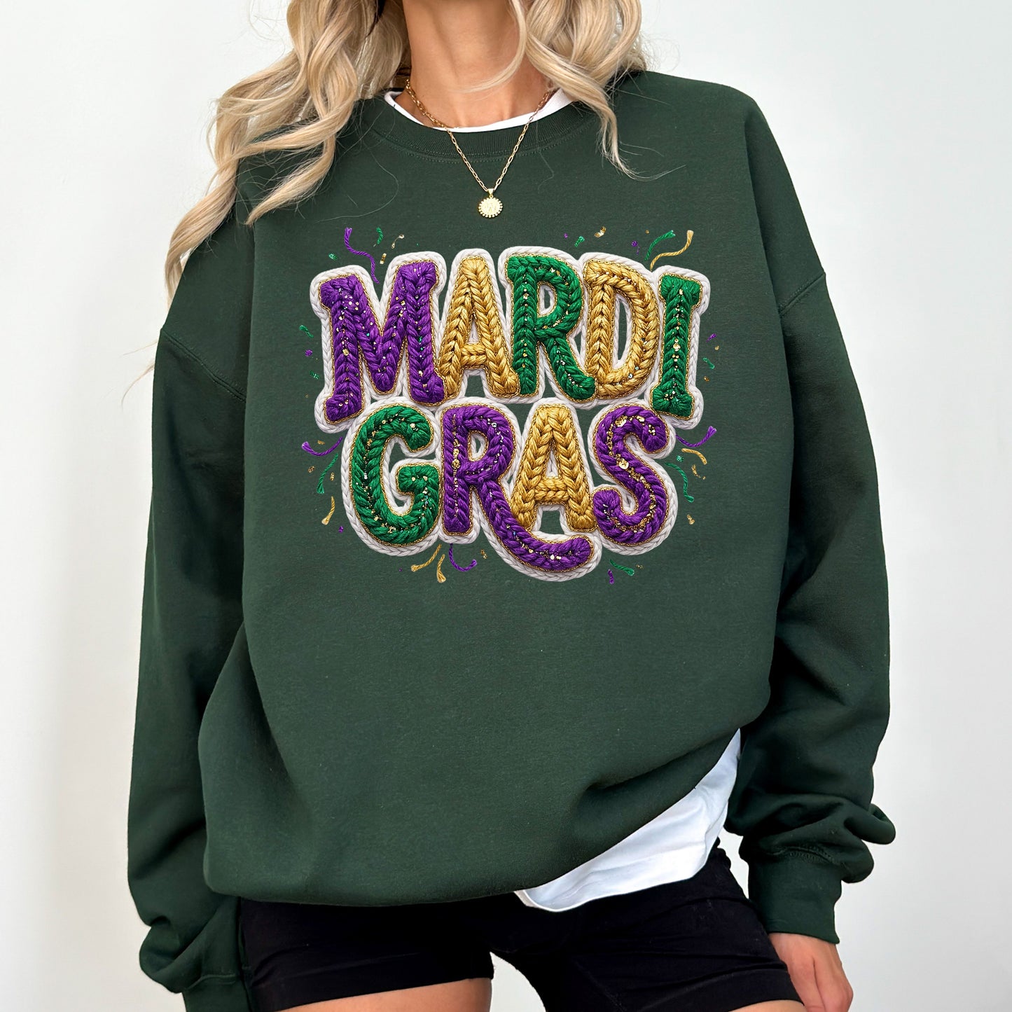 Faux Yarn Mardi Gras Sweatshirt, Knitted Look Purple Green Gold Graphic Crewneck, Mardi Gras Parade Top