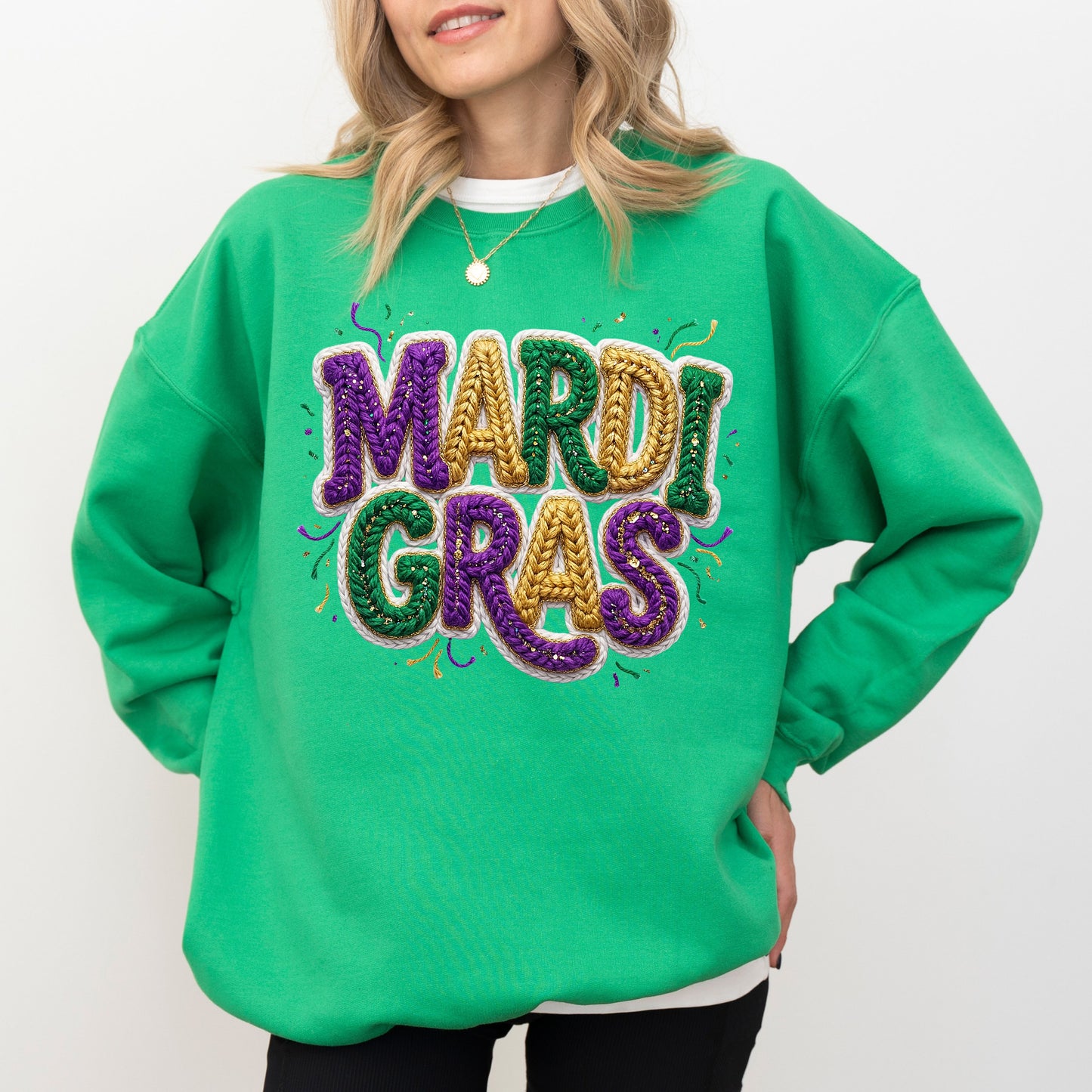 Faux Yarn Mardi Gras Sweatshirt, Knitted Look Purple Green Gold Graphic Crewneck, Mardi Gras Parade Top