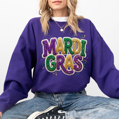 Faux Yarn Mardi Gras Sweatshirt, Knitted Look Purple Green Gold Graphic Crewneck, Mardi Gras Parade Top
