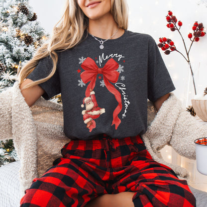 Santa Bow Merry Christmas Tee – Cozy Holiday T-Shirt