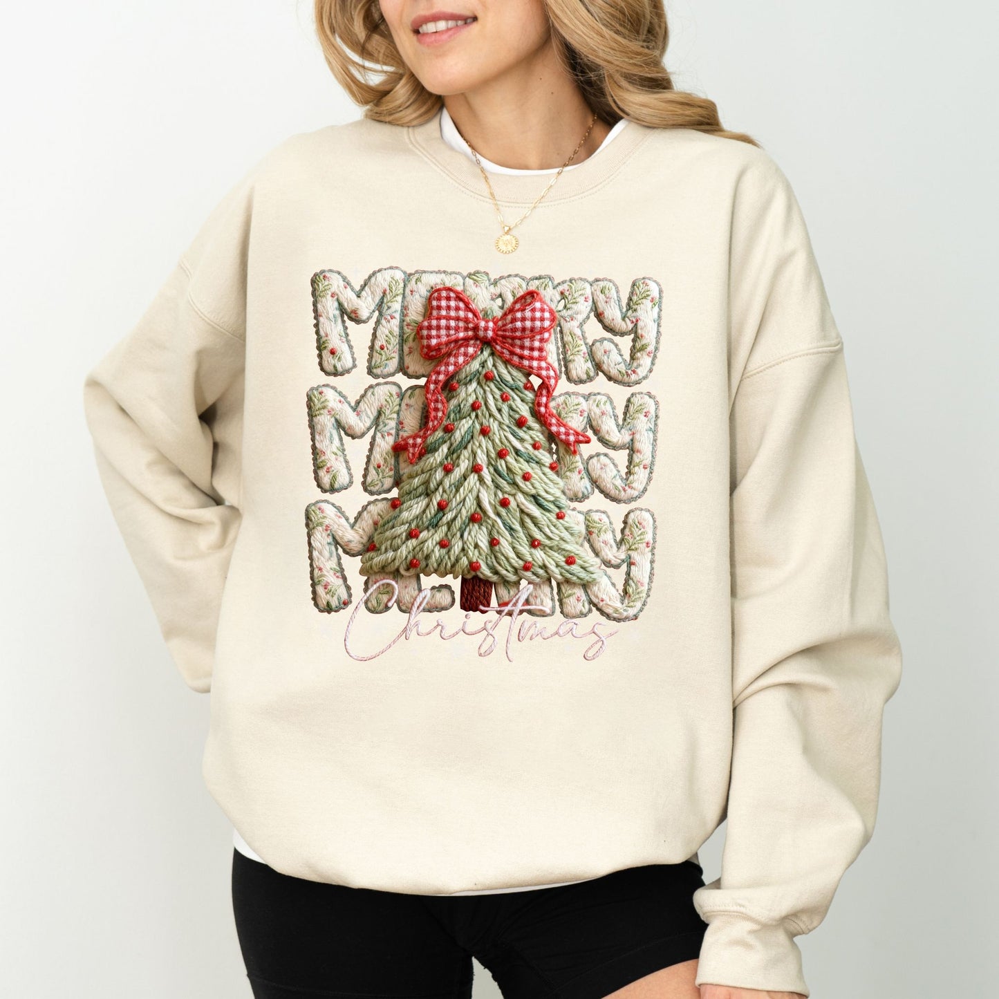 Merry Christmas Tree Sweater – Cozy Holiday Faux Yarn Knit Pullover