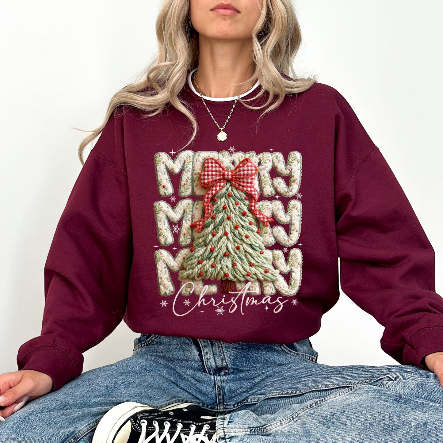 Merry Christmas Tree Sweater – Cozy Holiday Faux Yarn Knit Pullover