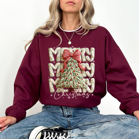 Merry Christmas Tree Sweater – Cozy Holiday Faux Yarn Knit Pullover