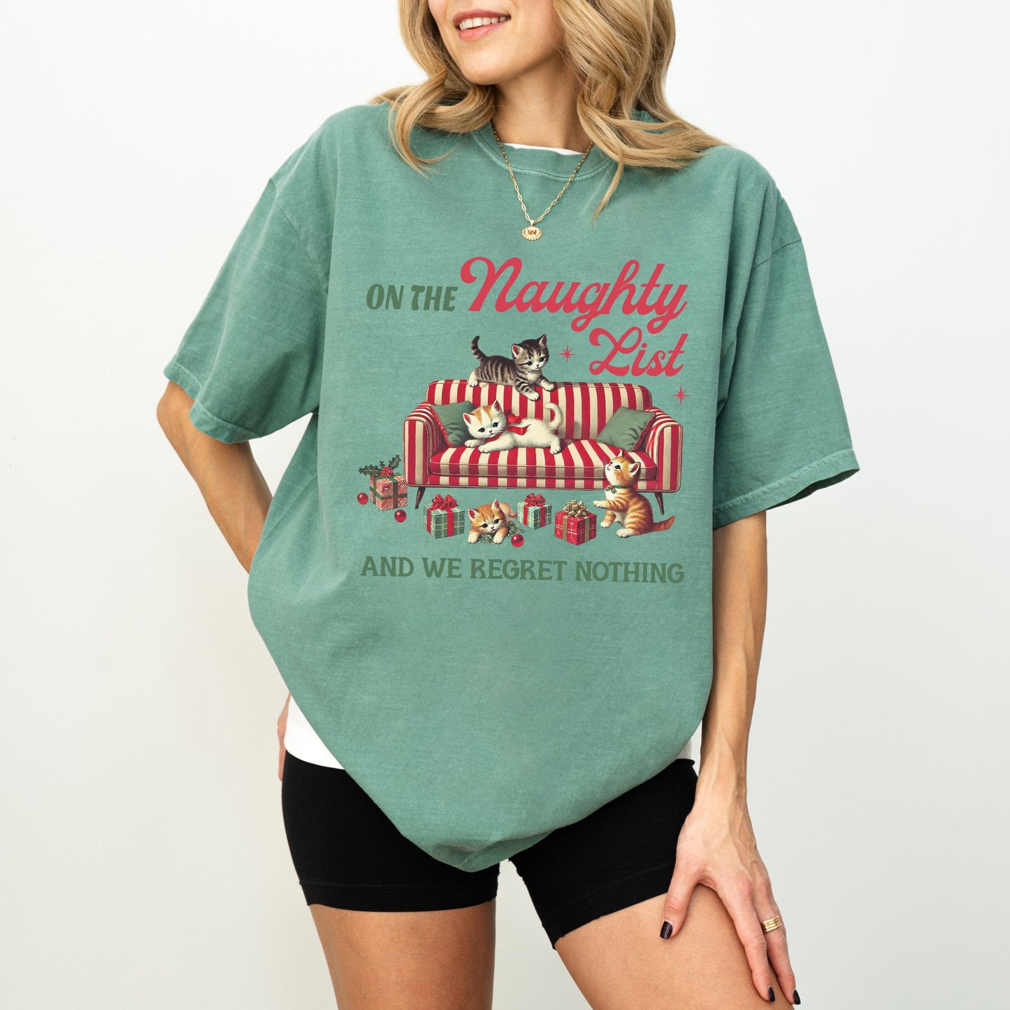 Naughty List Cat Christmas T-Shirt – Funny Retro Holiday Graphic Tee