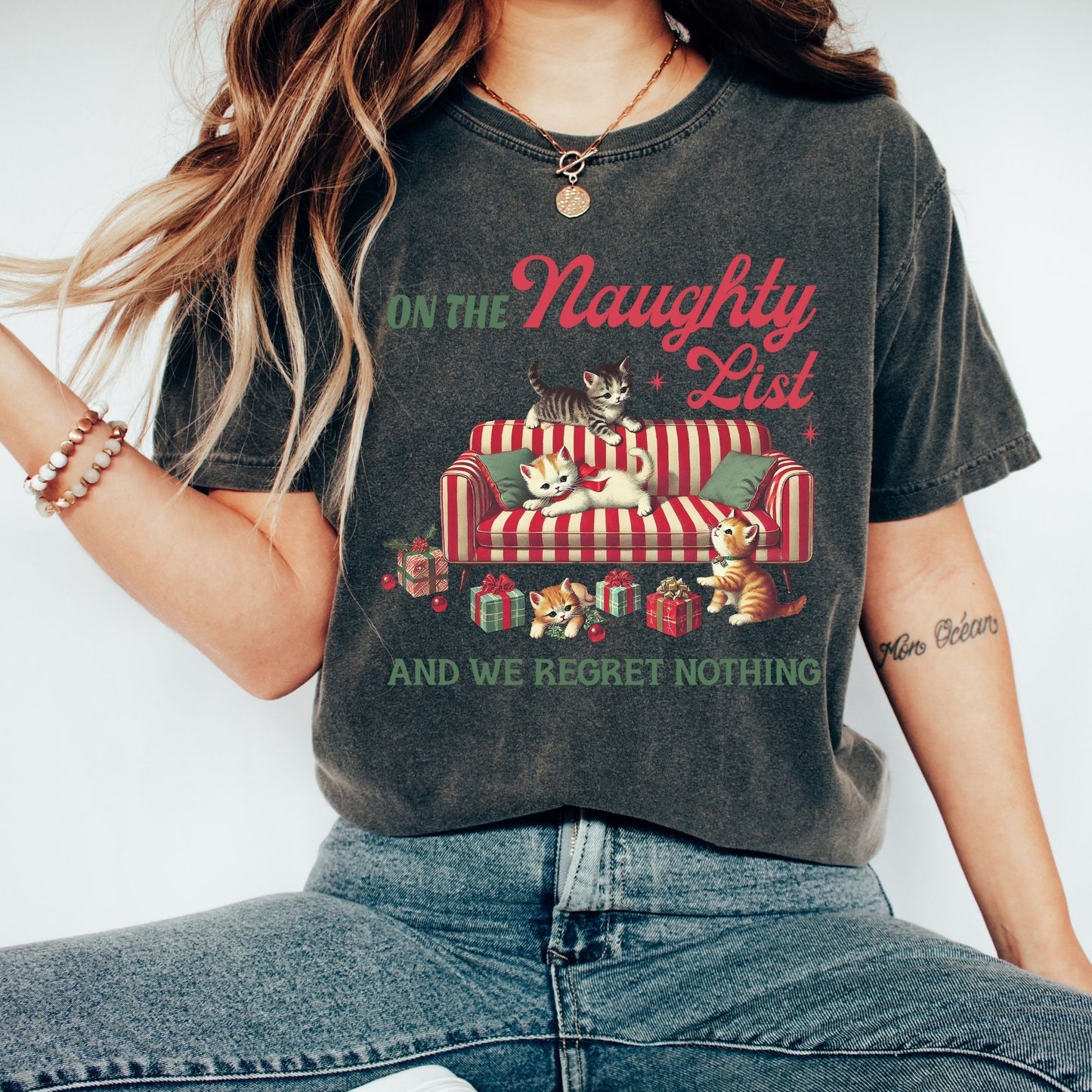 Naughty List Cat Christmas T-Shirt – Funny Retro Holiday Graphic Tee