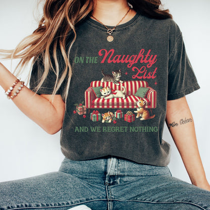 Naughty List Cat Christmas T-Shirt – Funny Retro Holiday Graphic Tee