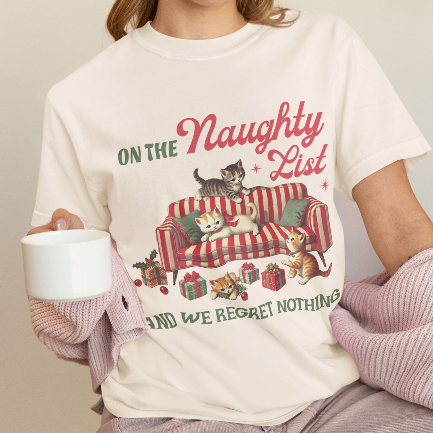 Naughty List Cat Christmas T-Shirt – Funny Retro Holiday Graphic Tee