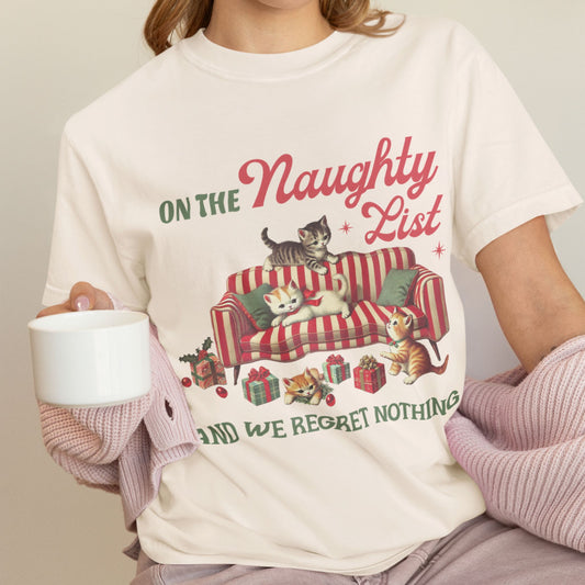 Naughty List Cat Christmas T-Shirt – Funny Retro Holiday Graphic Tee