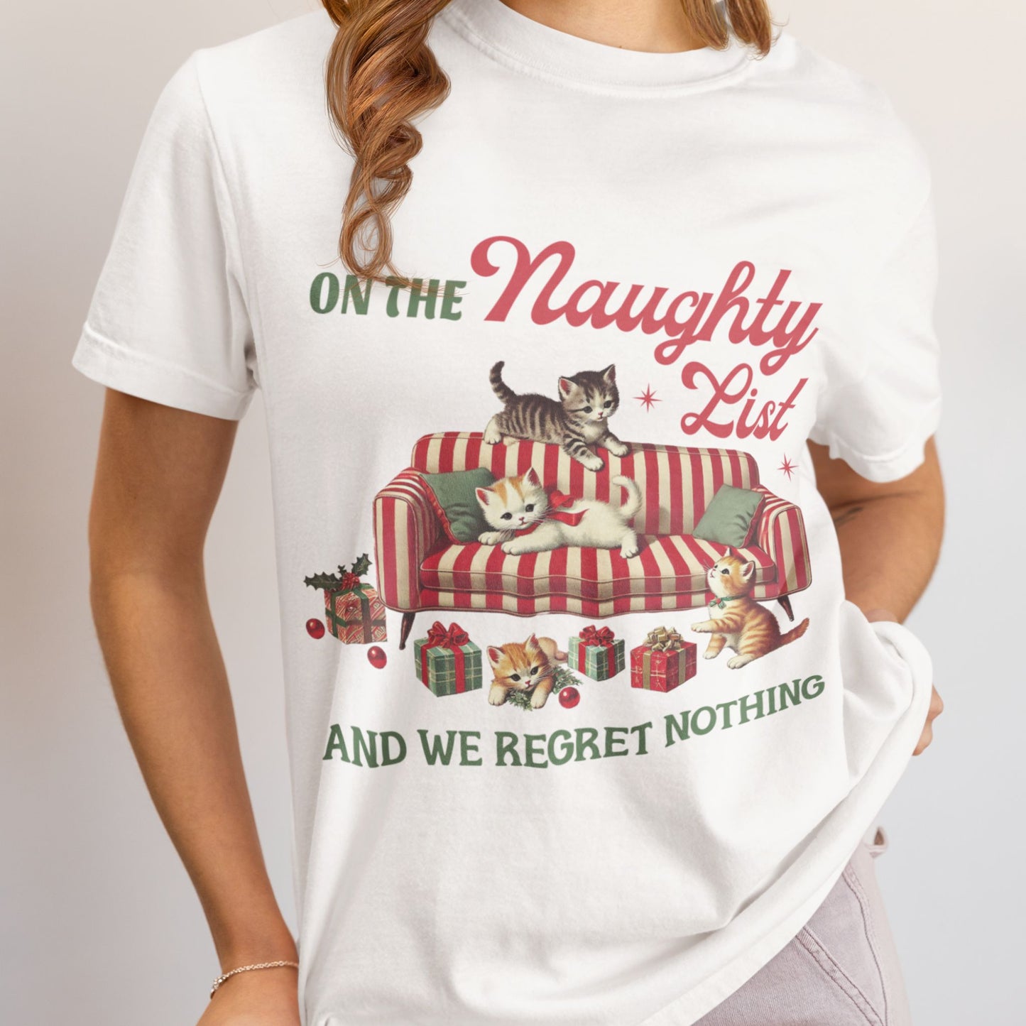 Naughty List Cat Christmas T-Shirt – Funny Retro Holiday Graphic Tee