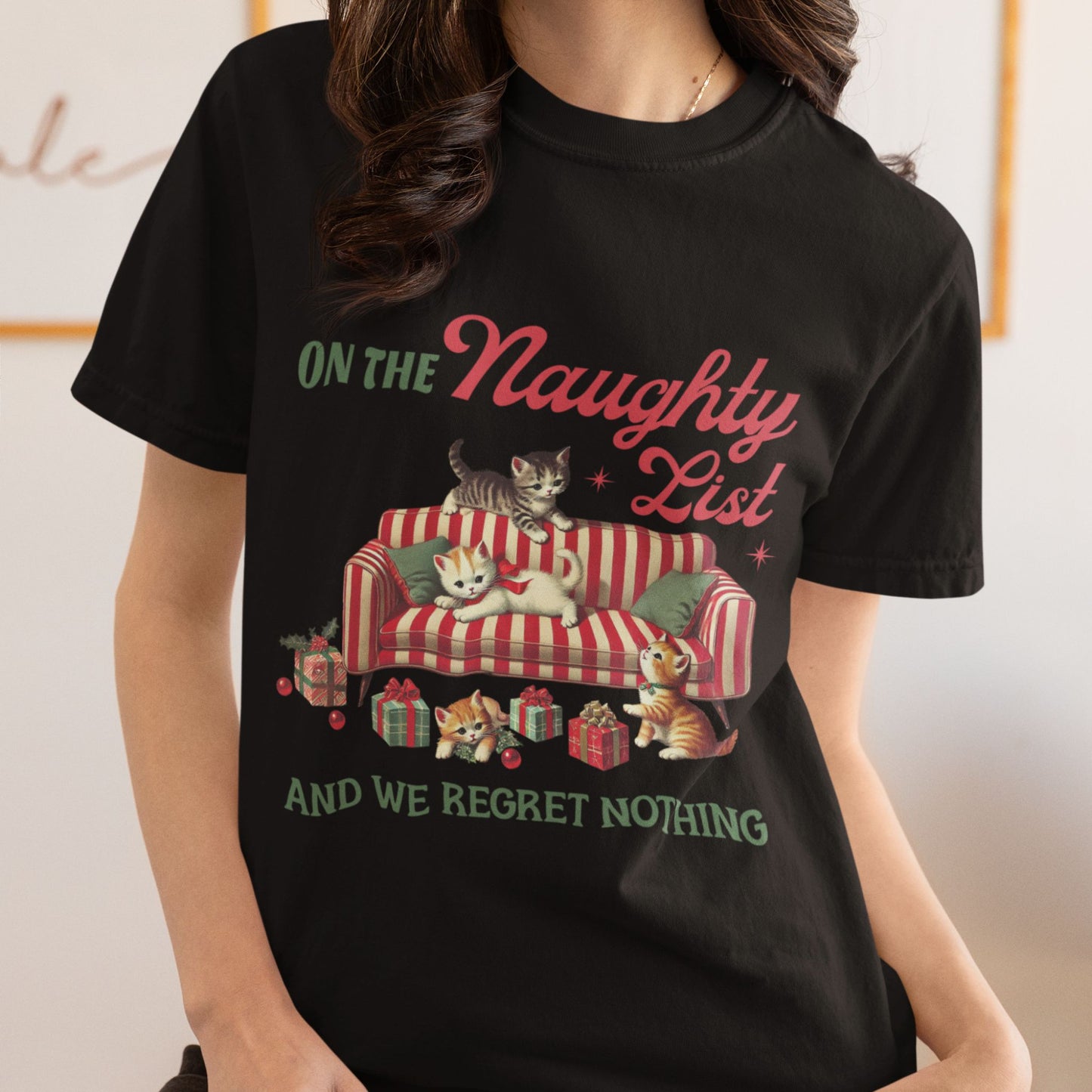 Naughty List Cat Christmas T-Shirt – Funny Retro Holiday Graphic Tee