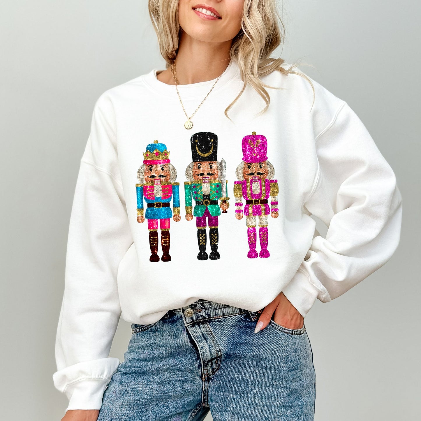 Faux Sequin Nutcracker Sweatshirt, Festive Holiday Graphic Pullover