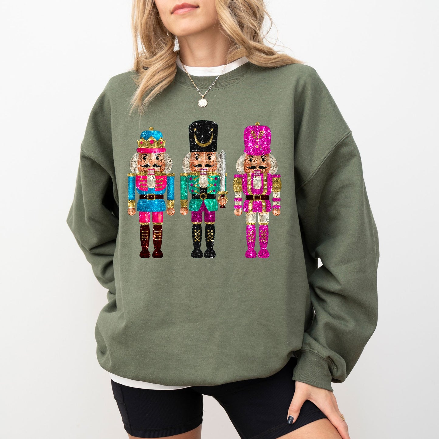 Faux Sequin Nutcracker Sweatshirt, Festive Holiday Graphic Pullover