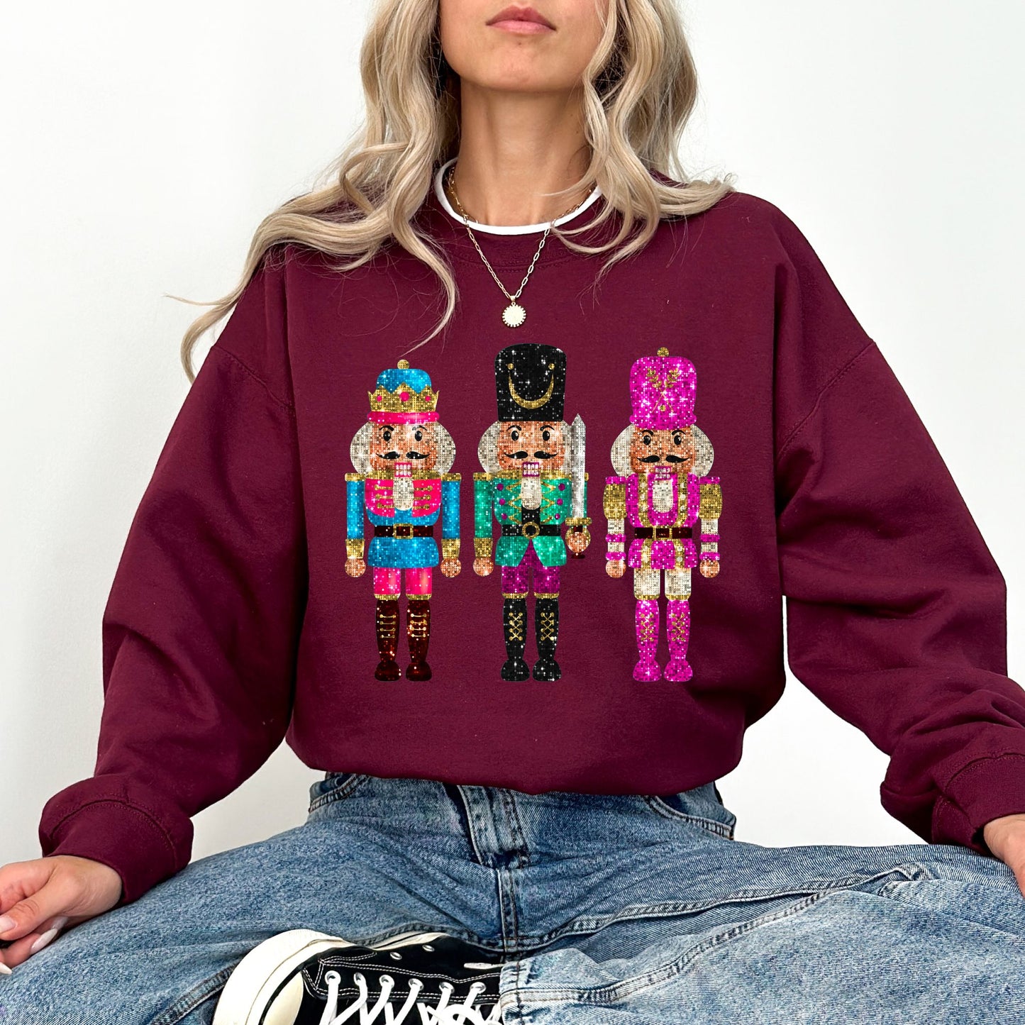 Faux Sequin Nutcracker Sweatshirt, Festive Holiday Graphic Pullover