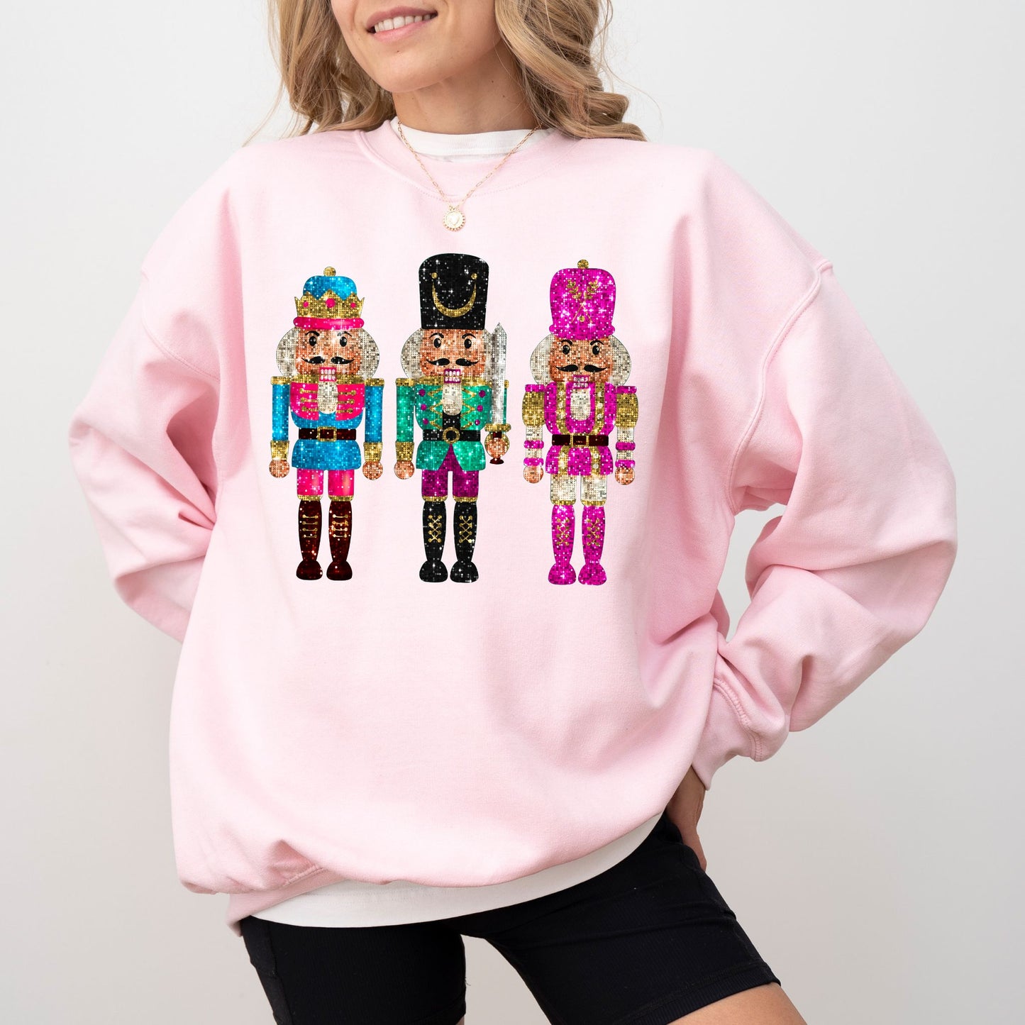 Faux Sequin Nutcracker Sweatshirt, Festive Holiday Graphic Pullover