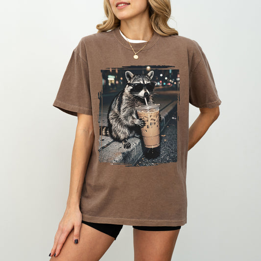 Raccoon Iced Coffee Graphic T-Shirt, Funny Animal Coffee Lover Tee