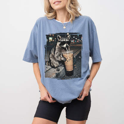 Raccoon Iced Coffee Graphic T-Shirt, Funny Animal Coffee Lover Tee