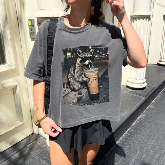 Raccoon Iced Coffee Crop Top, Funny Animal Coffee Lover Graphic Tee for Women