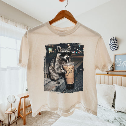 Raccoon Iced Coffee Crop Top, Funny Animal Coffee Lover Graphic Tee for Women