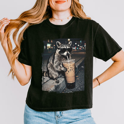 Raccoon Iced Coffee Crop Top, Funny Animal Coffee Lover Graphic Tee for Women