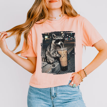 Raccoon Iced Coffee Crop Top, Funny Animal Coffee Lover Graphic Tee for Women