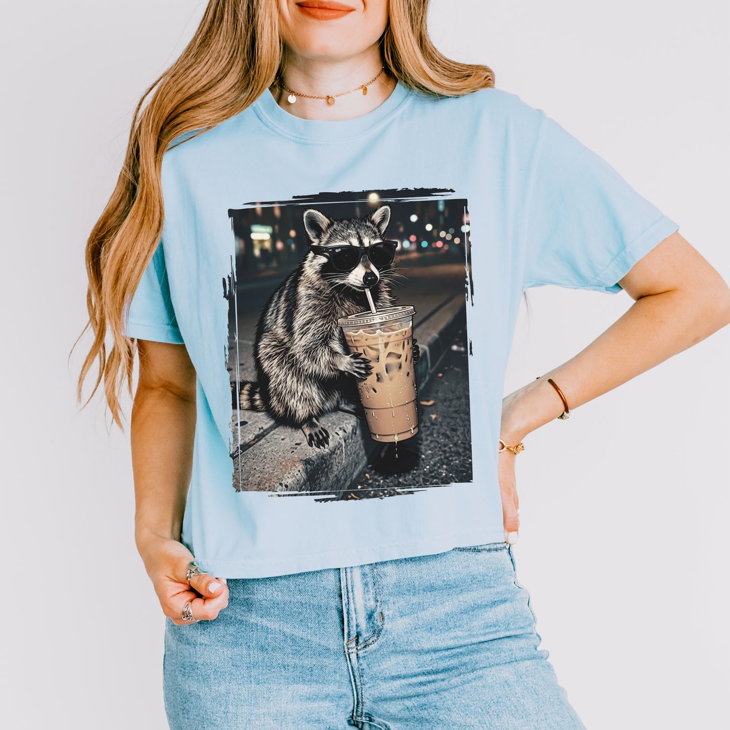 Raccoon Iced Coffee Crop Top, Funny Animal Coffee Lover Graphic Tee for Women