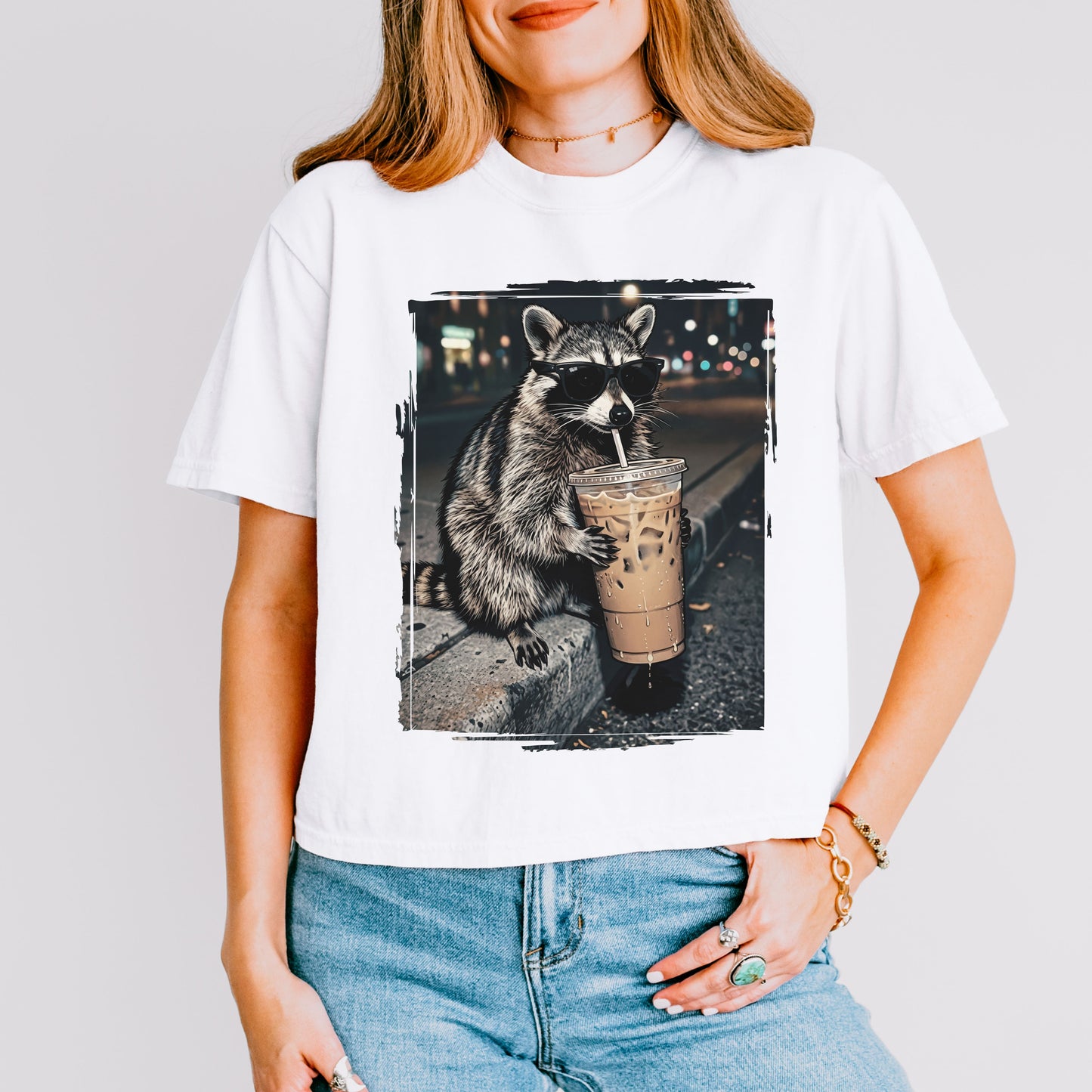 Raccoon Iced Coffee Crop Top, Funny Animal Coffee Lover Graphic Tee for Women