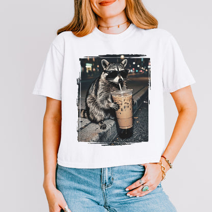 Raccoon Iced Coffee Crop Top, Funny Animal Coffee Lover Graphic Tee for Women