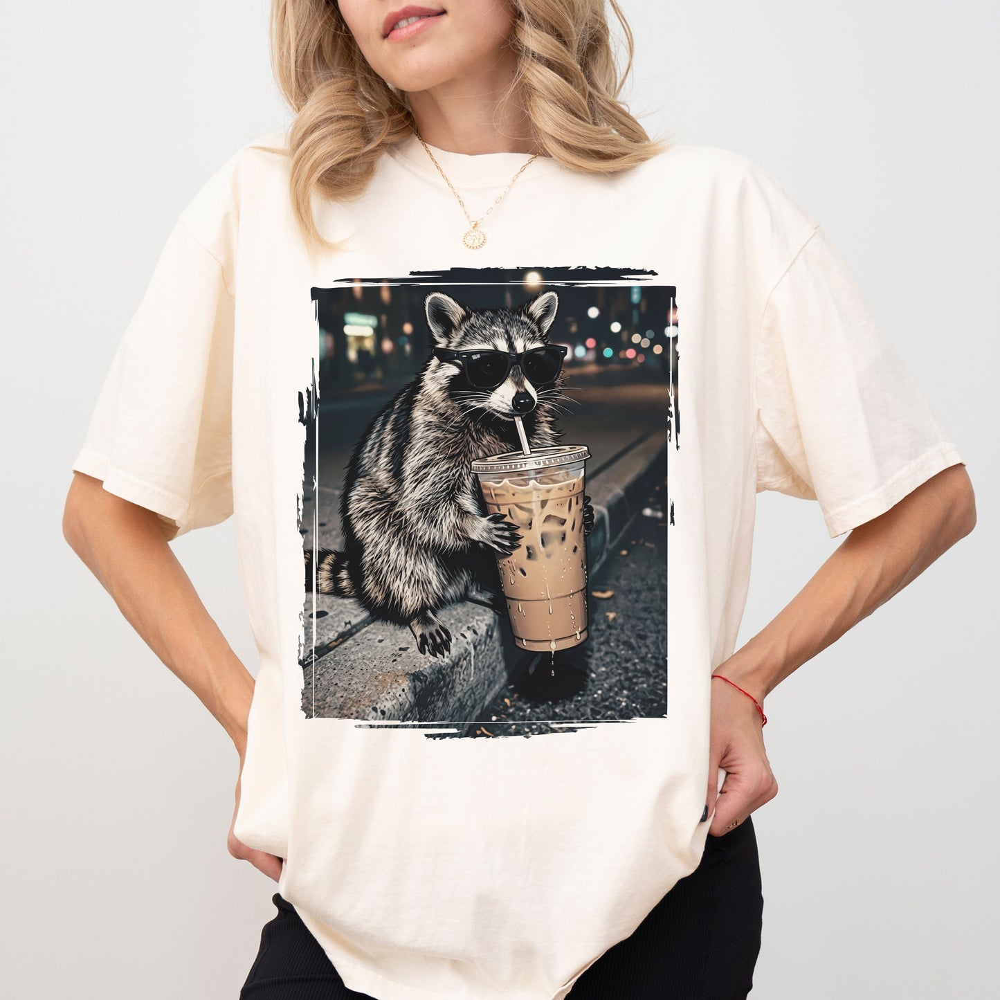 Raccoon Iced Coffee Graphic T-Shirt, Funny Animal Coffee Lover Tee