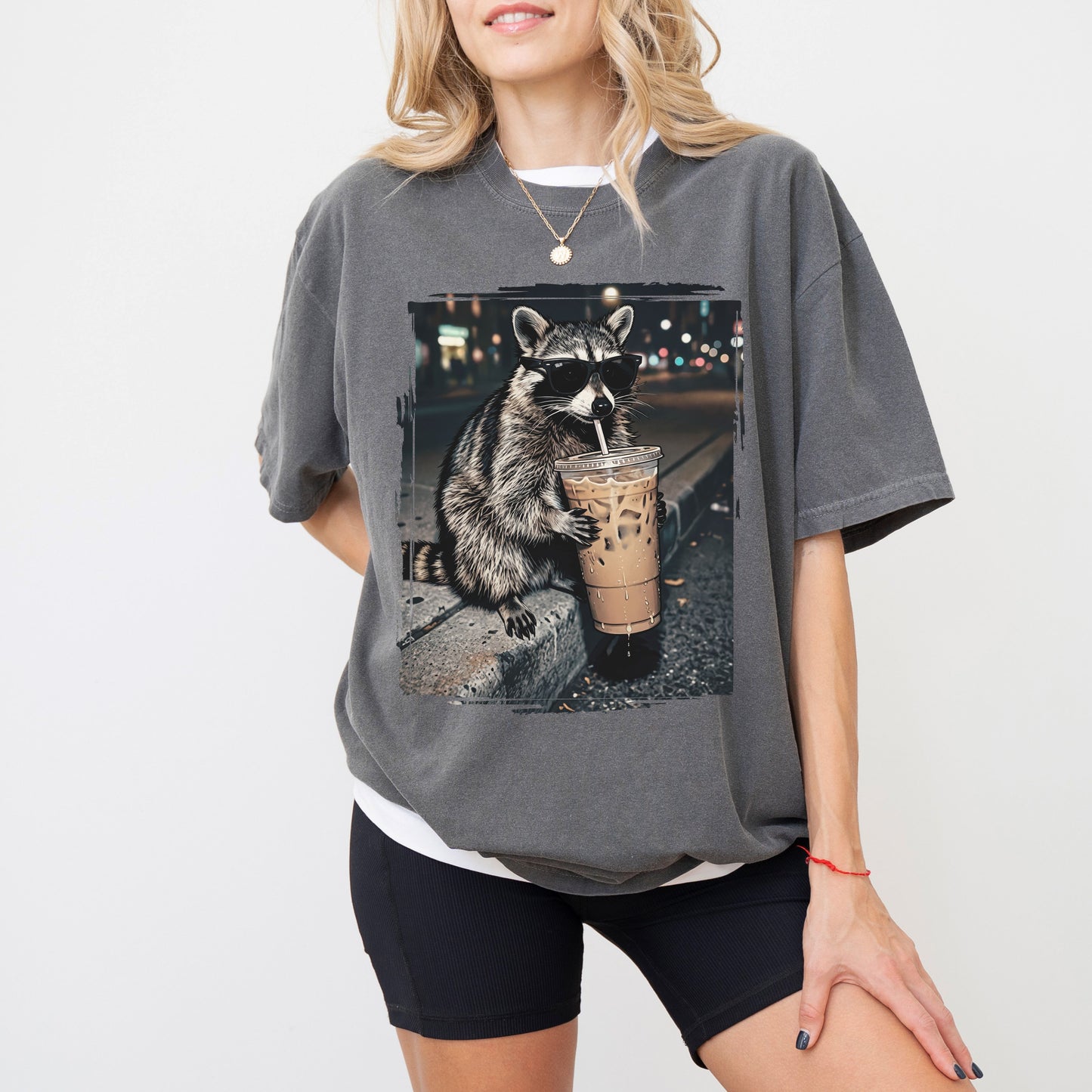 Raccoon Iced Coffee Graphic T-Shirt, Funny Animal Coffee Lover Tee