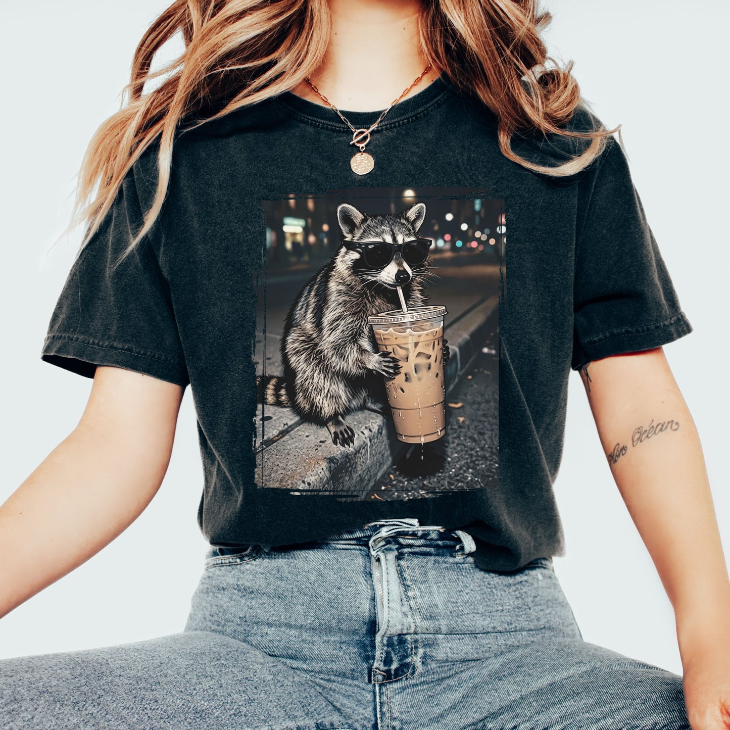 Raccoon Iced Coffee Graphic T-Shirt, Funny Animal Coffee Lover Tee