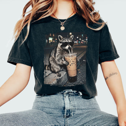 Raccoon Iced Coffee Graphic T-Shirt, Funny Animal Coffee Lover Tee