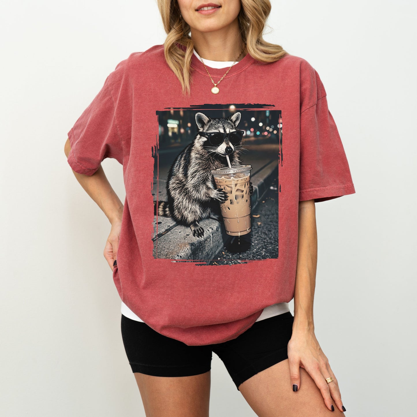 Raccoon Iced Coffee Graphic T-Shirt, Funny Animal Coffee Lover Tee