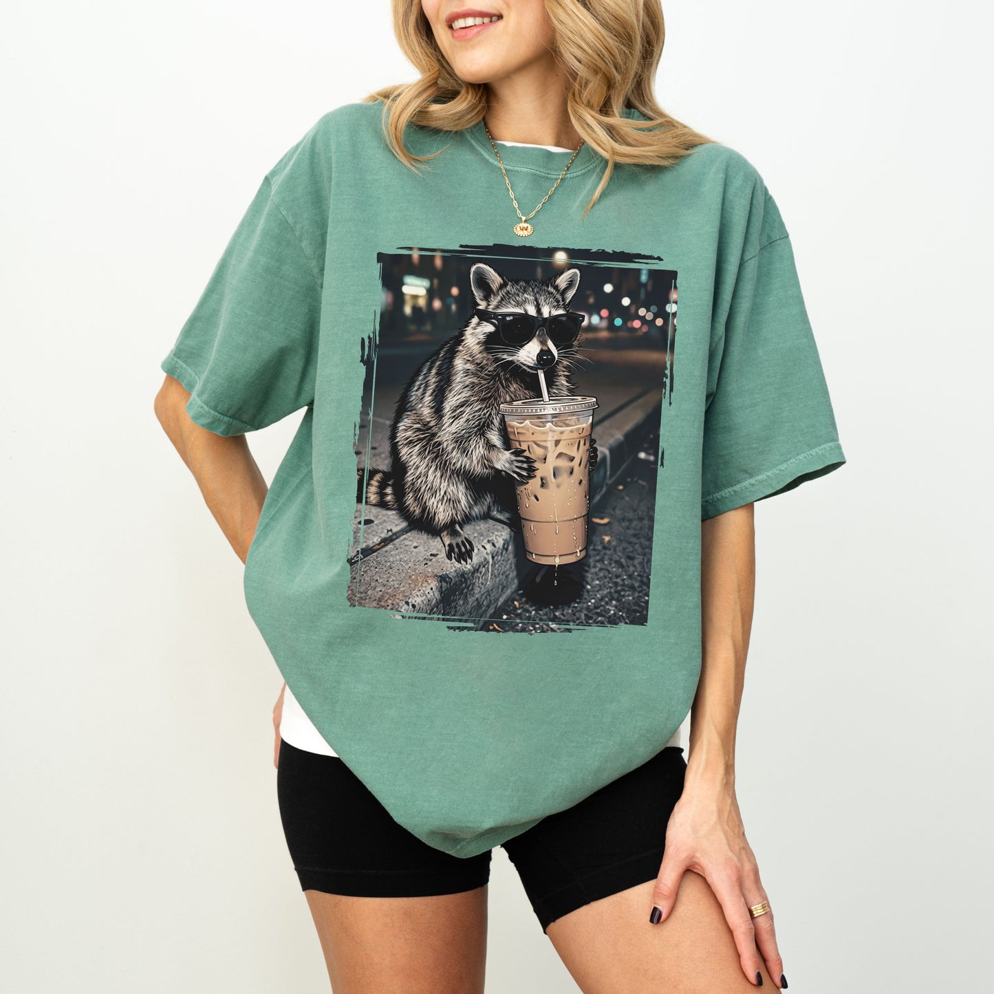 Raccoon Iced Coffee Graphic T-Shirt, Funny Animal Coffee Lover Tee