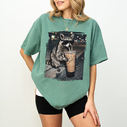 Raccoon Iced Coffee Graphic T-Shirt, Funny Animal Coffee Lover Tee