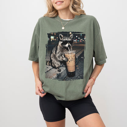 Raccoon Iced Coffee Graphic T-Shirt, Funny Animal Coffee Lover Tee
