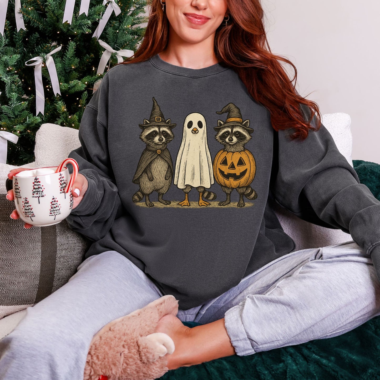 Raccoon Halloween Sweatshirt, Cute Ghost Pumpkin Pullover, Cozy Fall Crewneck