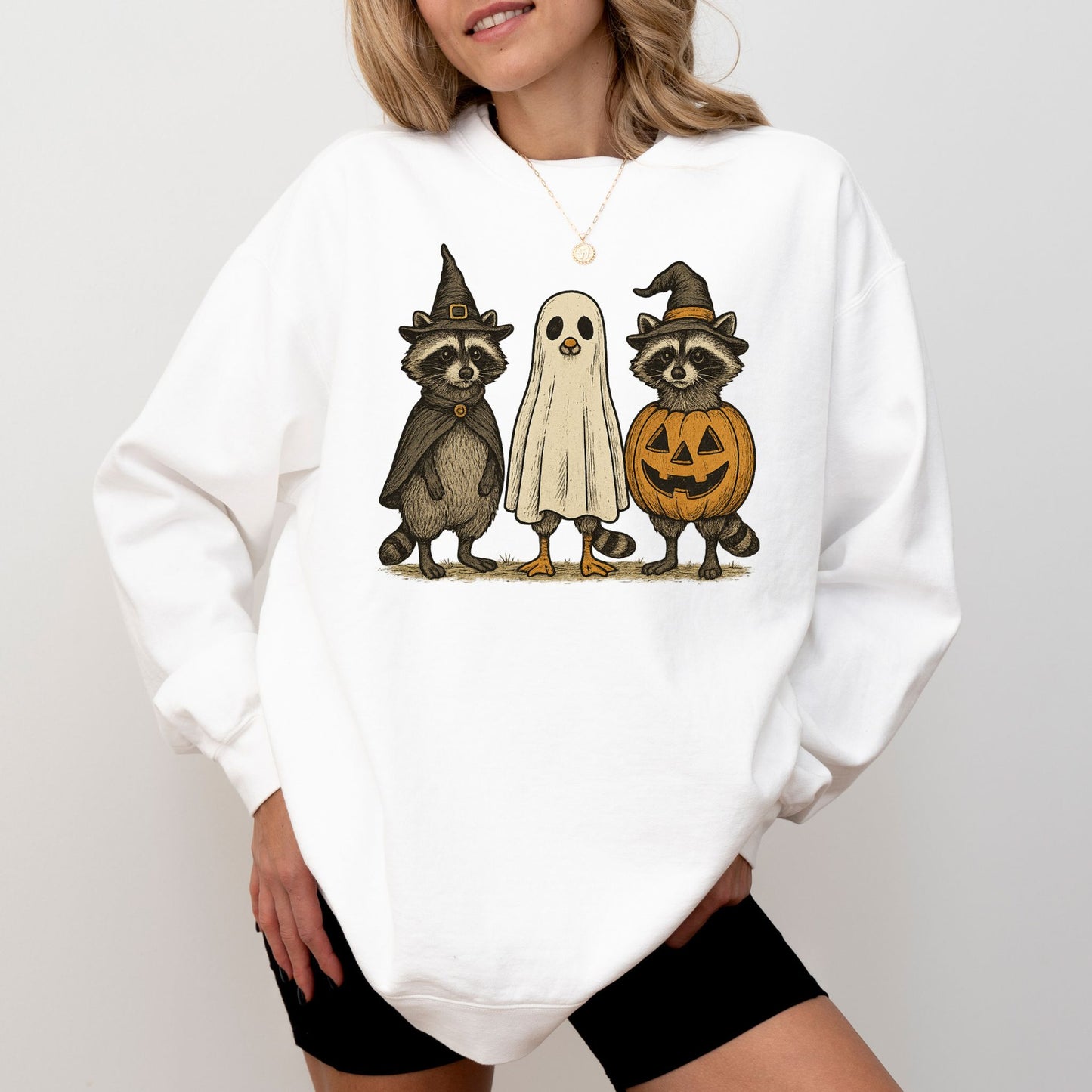 Raccoon Halloween Sweatshirt, Cute Ghost Pumpkin Pullover, Cozy Fall Crewneck
