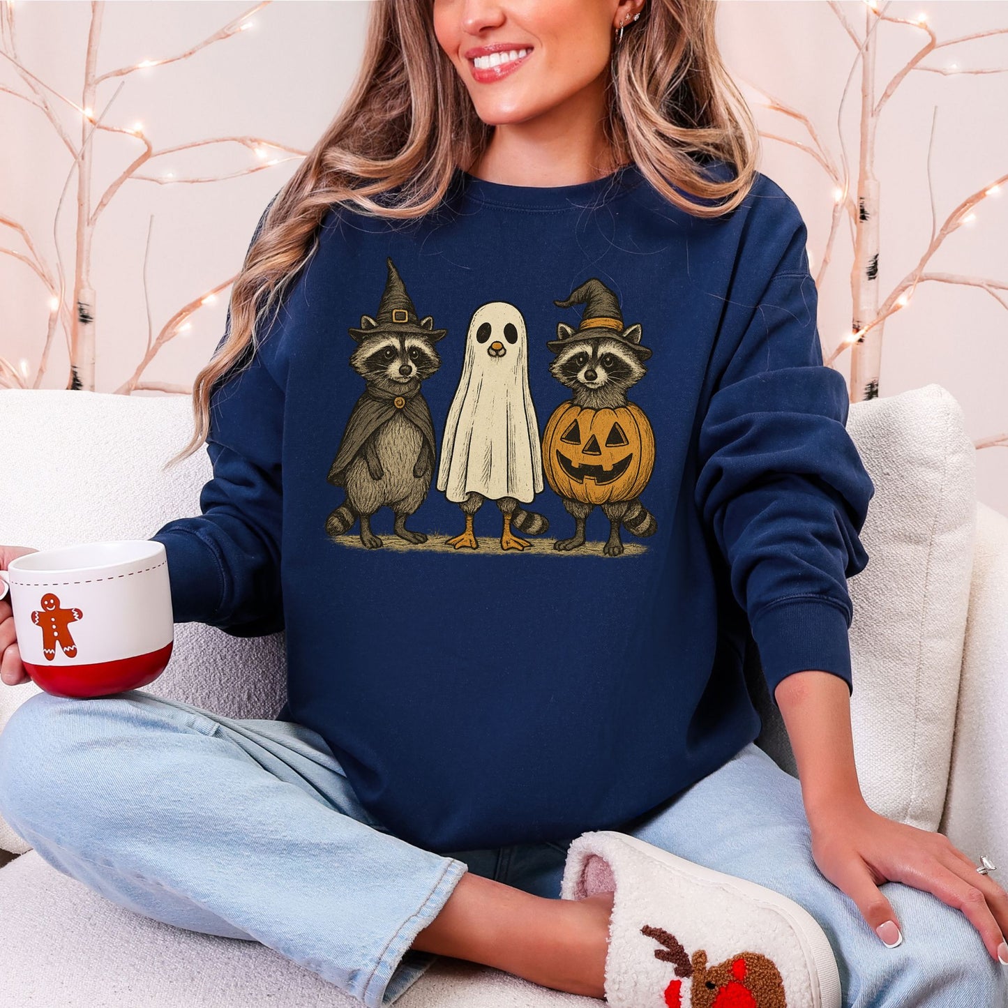 Raccoon Halloween Sweatshirt, Cute Ghost Pumpkin Pullover, Cozy Fall Crewneck