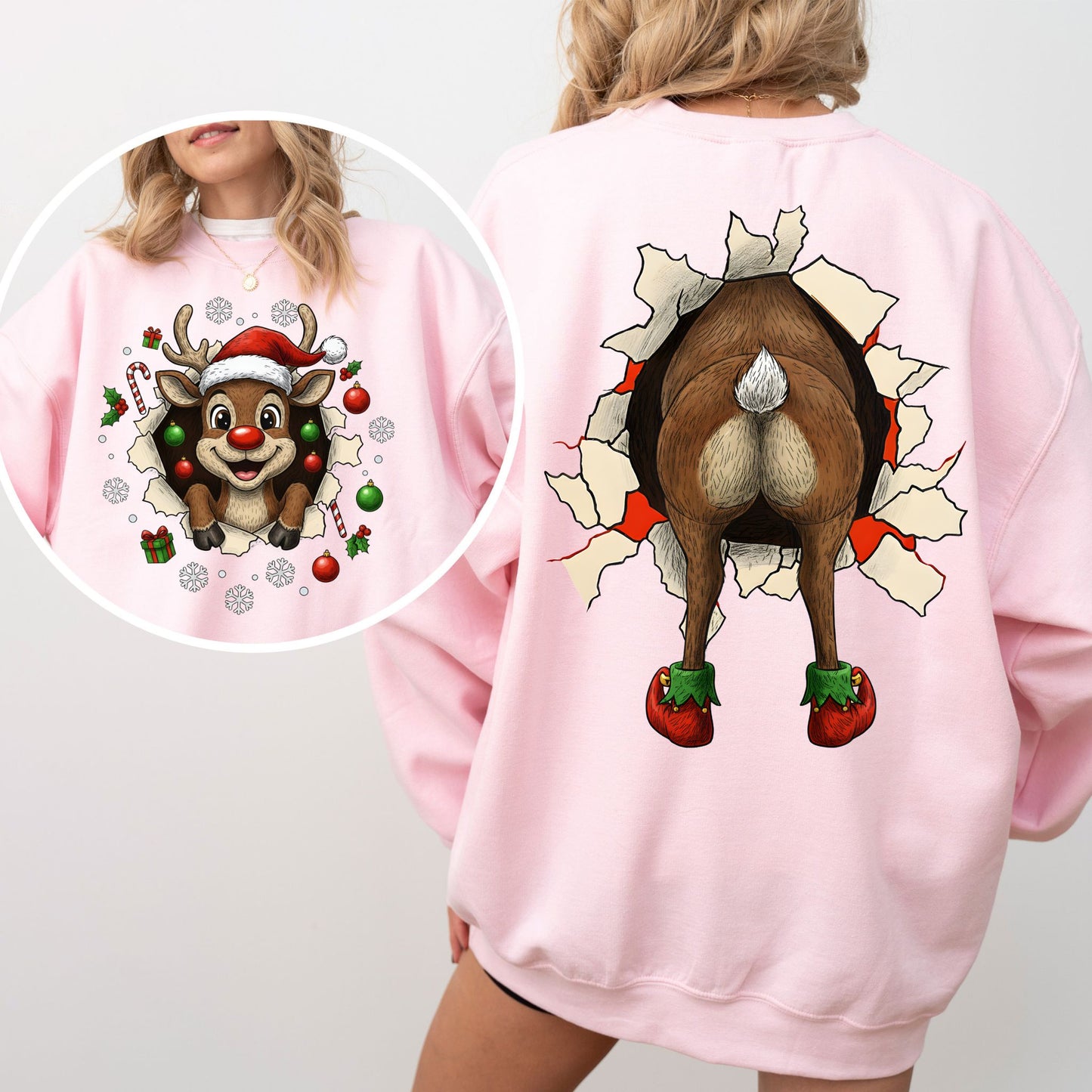 Reindeer Front & Back Christmas Sweatshirt – Funny Festive Holiday Pullover