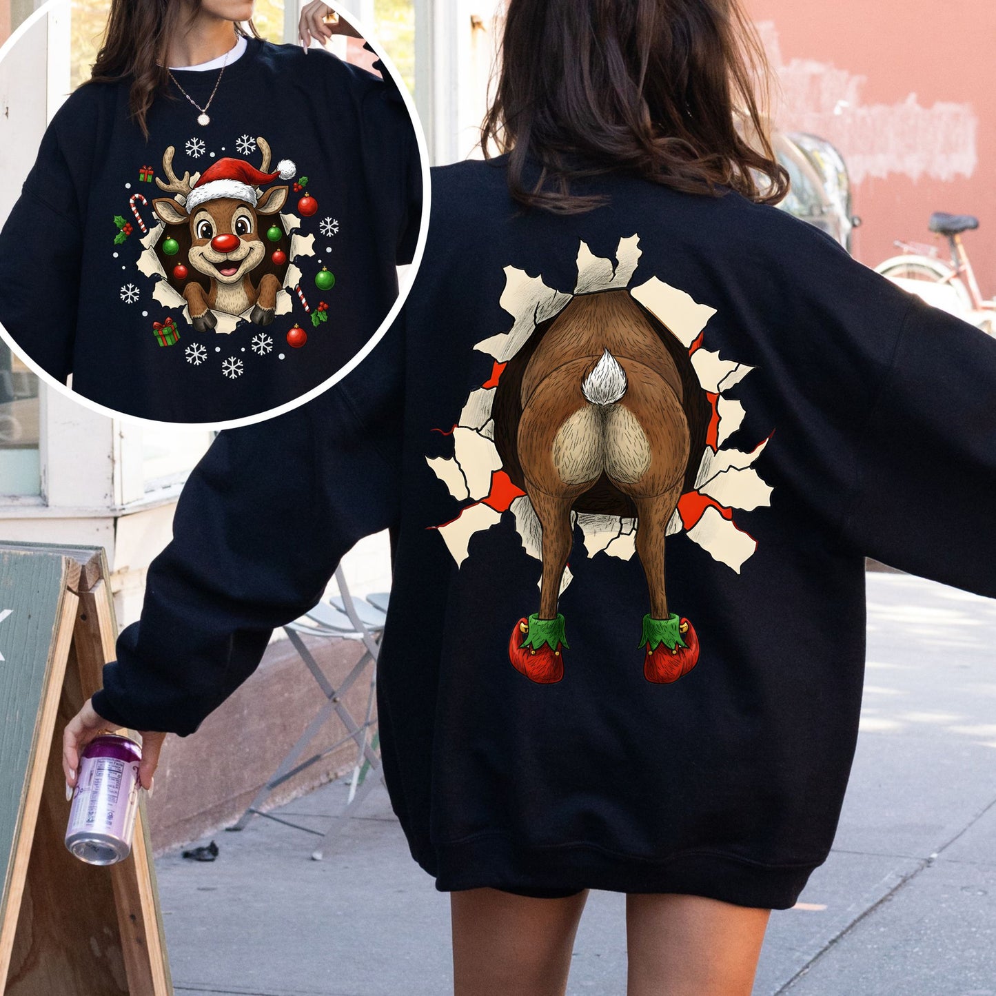 Reindeer Front & Back Christmas Sweatshirt – Funny Festive Holiday Pullover