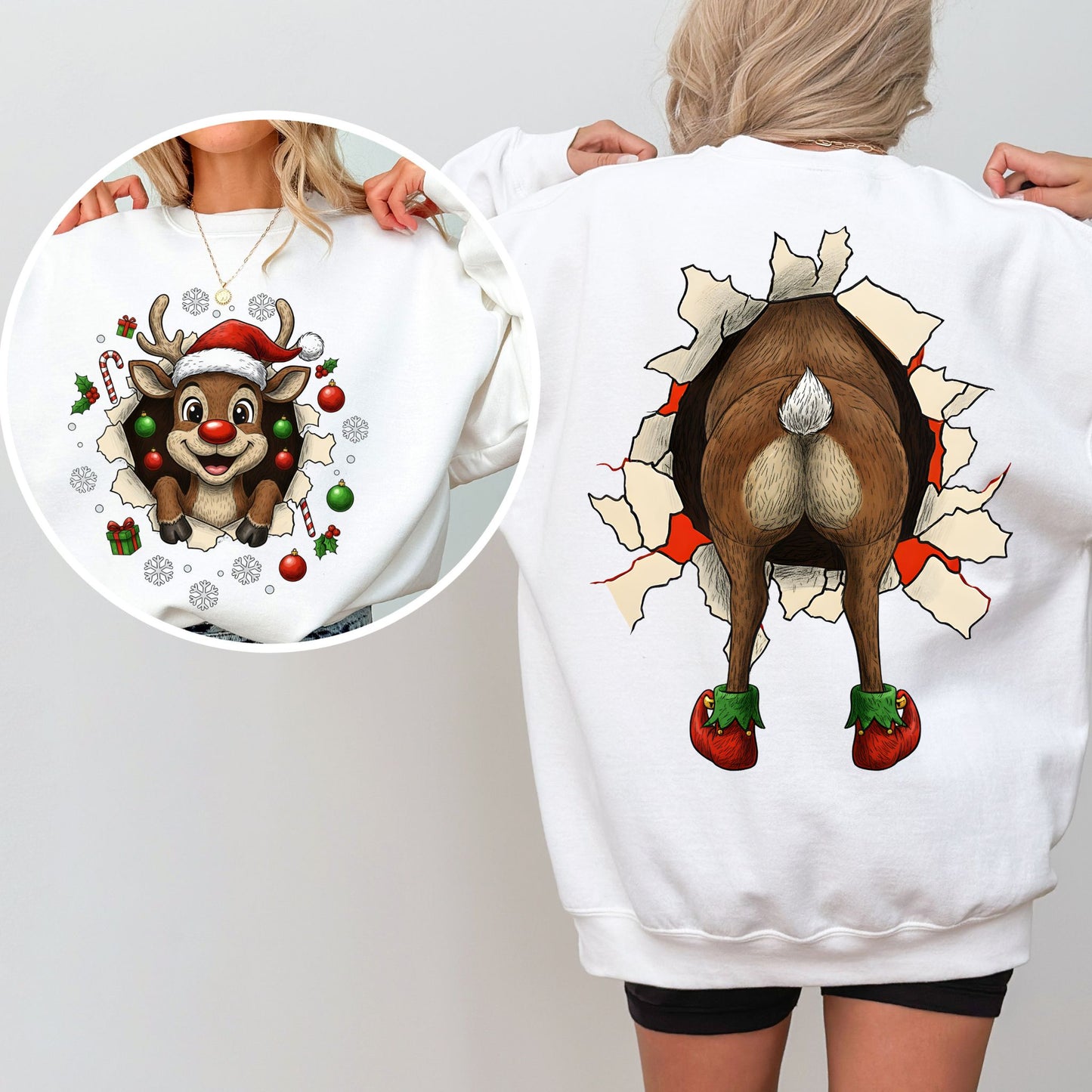 Reindeer Front & Back Christmas Sweatshirt – Funny Festive Holiday Pullover