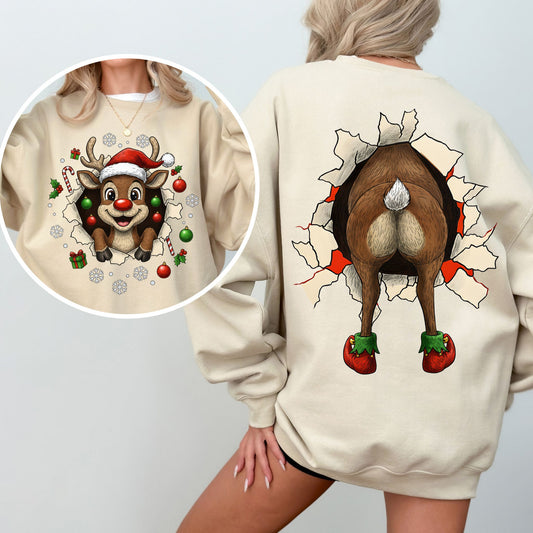 Reindeer Front & Back Christmas Sweatshirt – Funny Festive Holiday Pullover