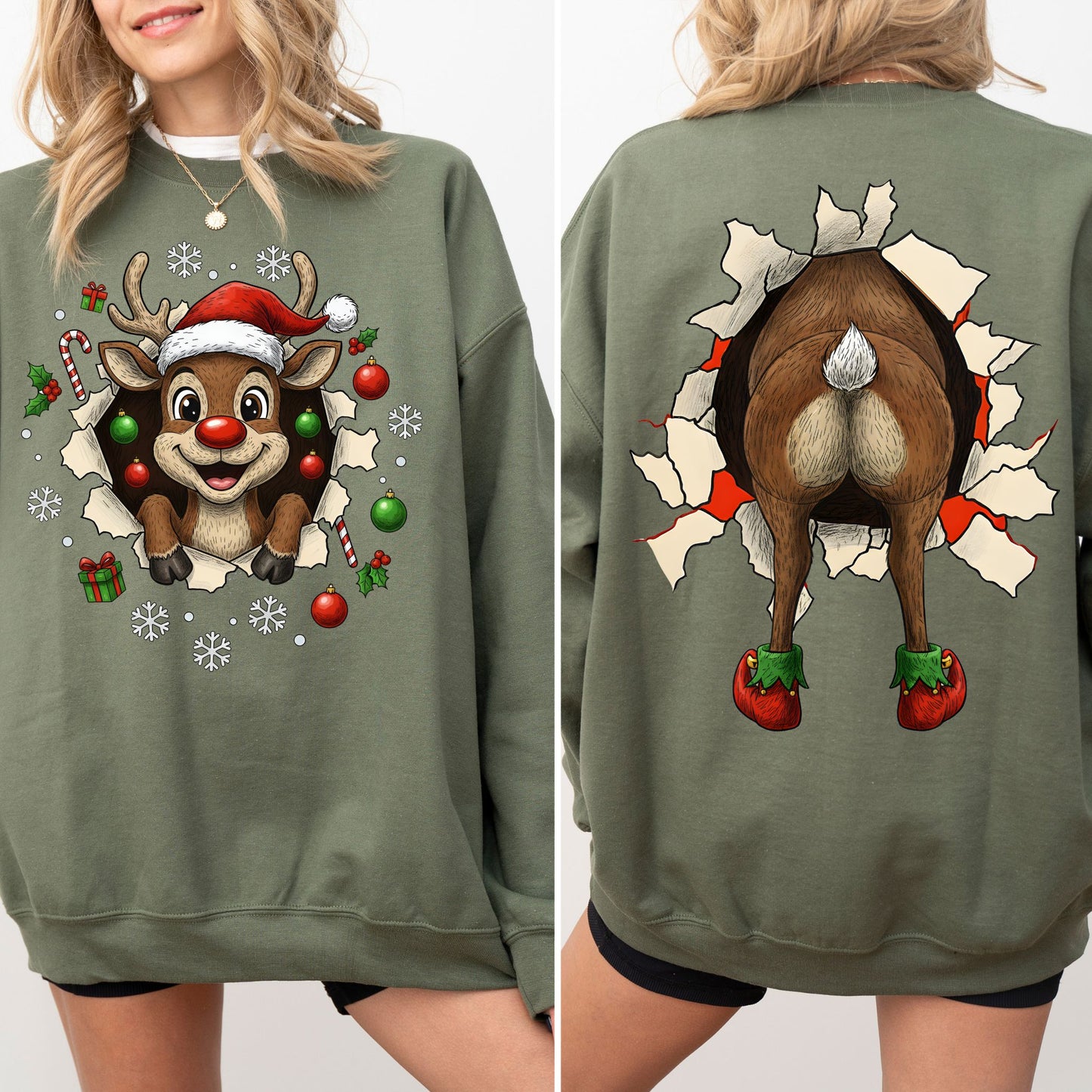 Reindeer Front & Back Christmas Sweatshirt – Funny Festive Holiday Pullover