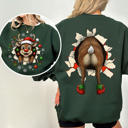 Reindeer Front & Back Christmas Sweatshirt – Funny Festive Holiday Pullover