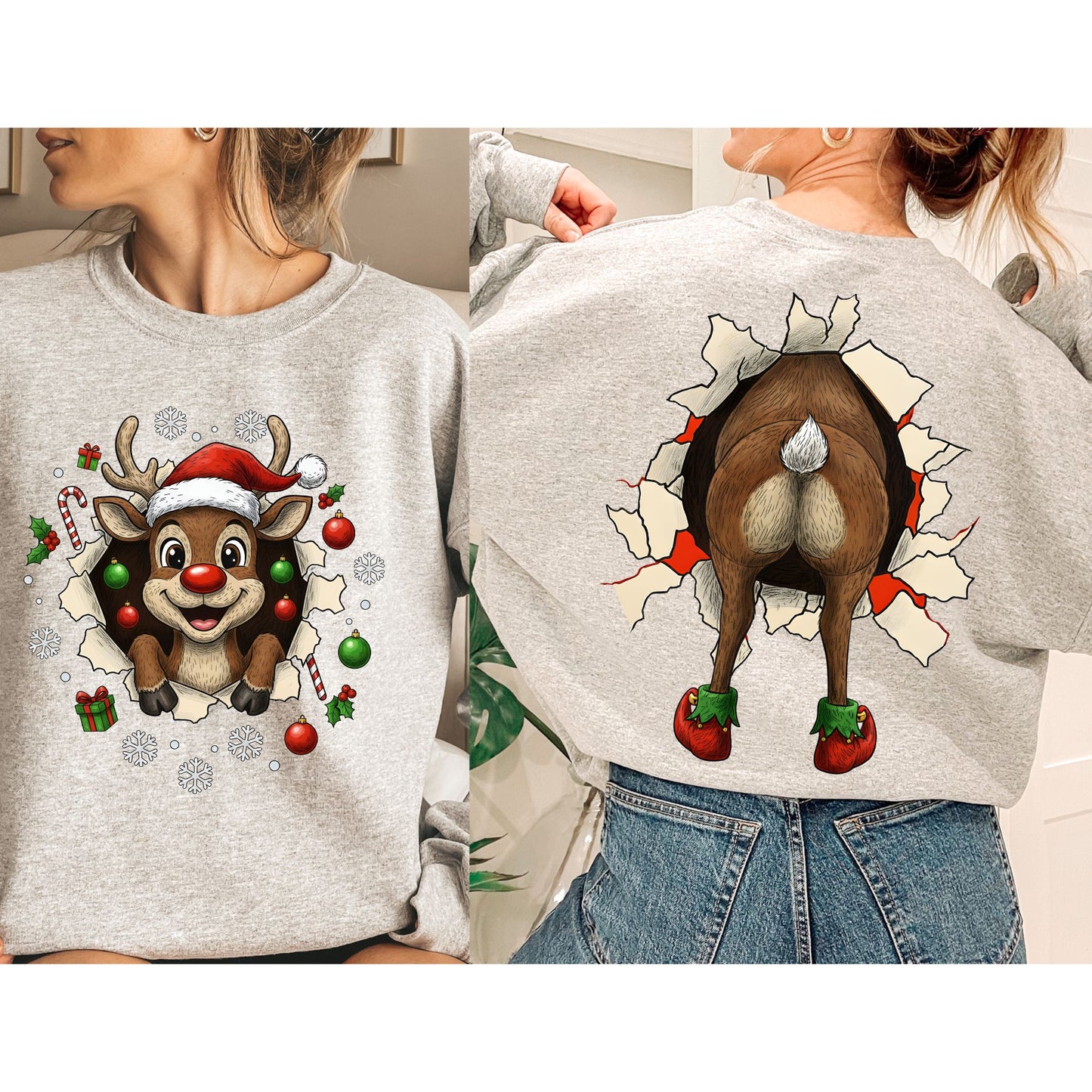 Reindeer Front & Back Christmas Sweatshirt – Funny Festive Holiday Pullover