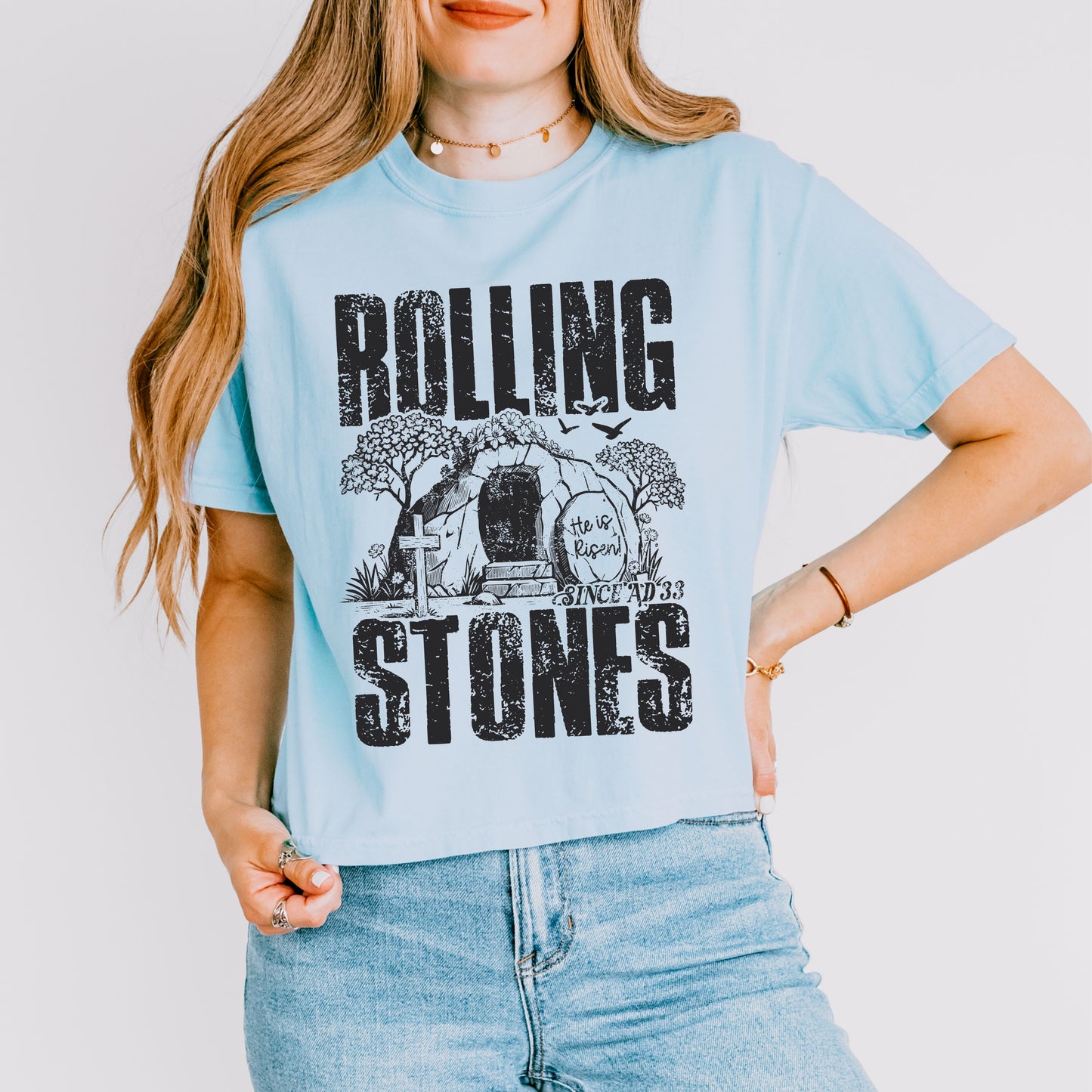 Rolling Stones Easter Crop Top, He Is Risen Christian Crop Tee