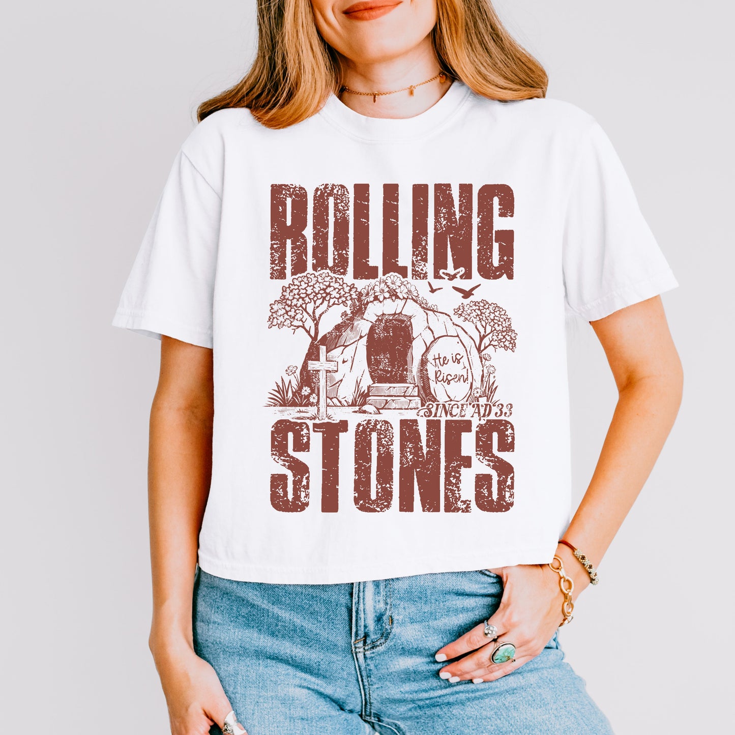 Rolling Stones Easter Crop Top, He Is Risen Christian Crop Tee