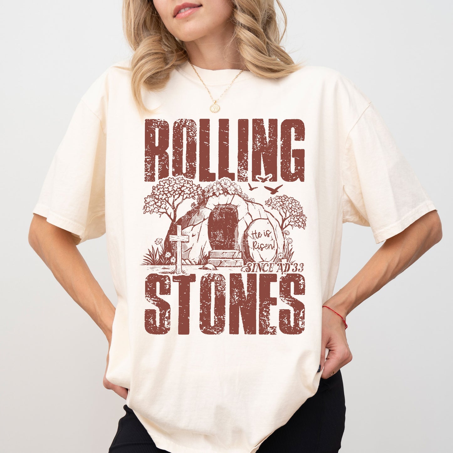 Rolling Stones Christian T-Shirt, He Is Risen Easter Faith Tee