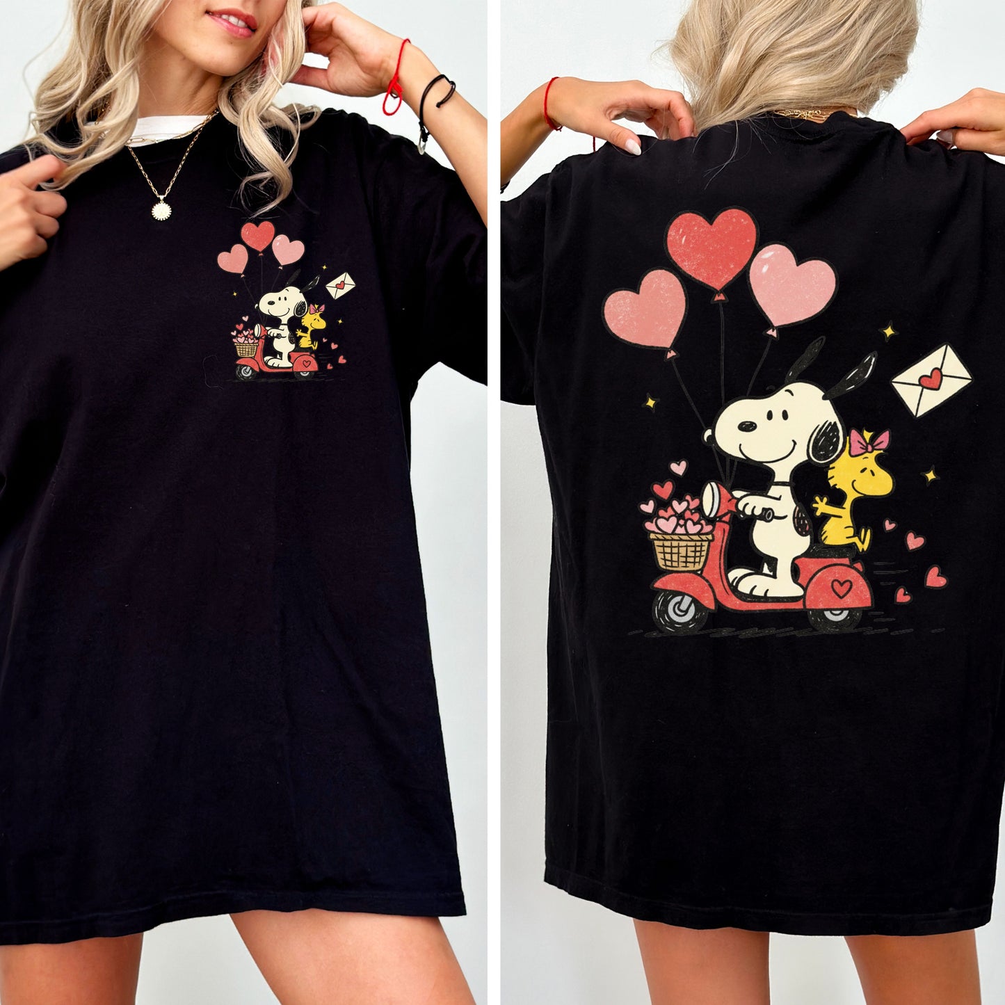 Valentine Snoopy Scooter T-Shirt, Front And Back Print Cute Love Tee