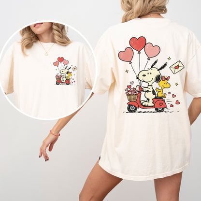 Valentine Snoopy Scooter T-Shirt, Front And Back Print Cute Love Tee